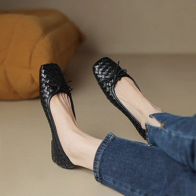 Női lapos fonott bőrcipő új dizájn csónakcipő női négyszögletes orrcipő cipő íj balett lapos Zapatos Mujer 1482N