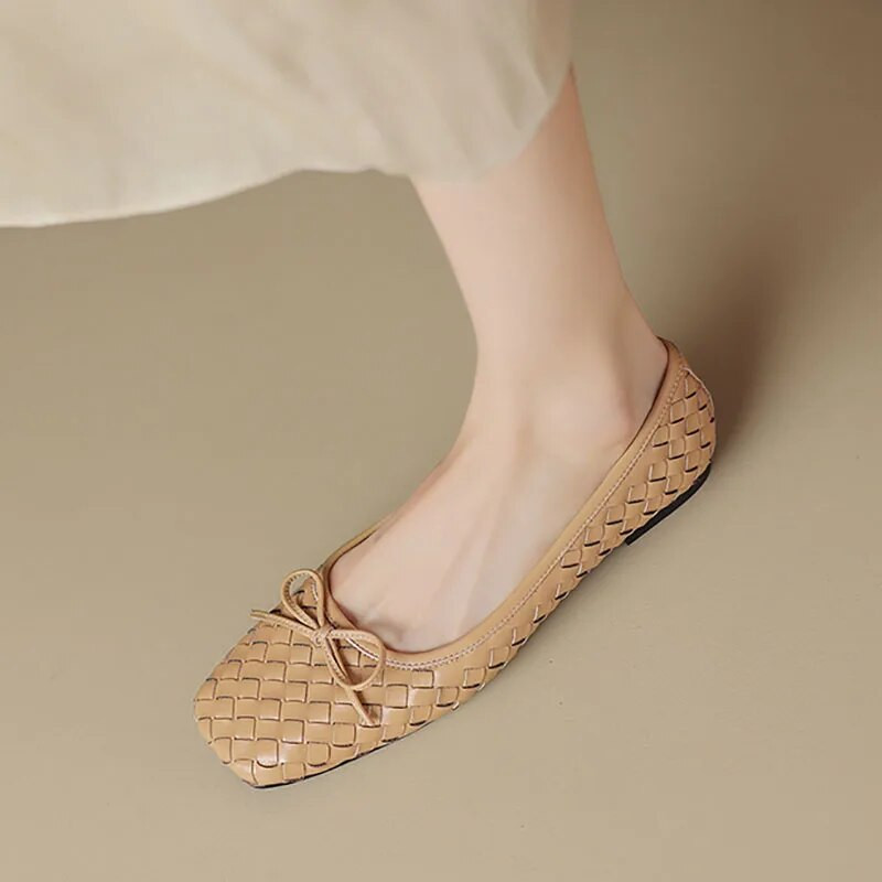 Női lapos fonott bőrcipő új dizájn csónakcipő női négyszögletes orrcipő cipő íj balett lapos Zapatos Mujer 1482N