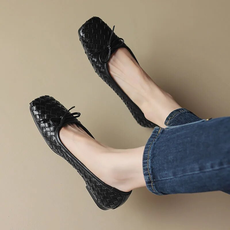 Női lapos fonott bőrcipő új dizájn csónakcipő női négyszögletes orrcipő cipő íj balett lapos Zapatos Mujer 1482N