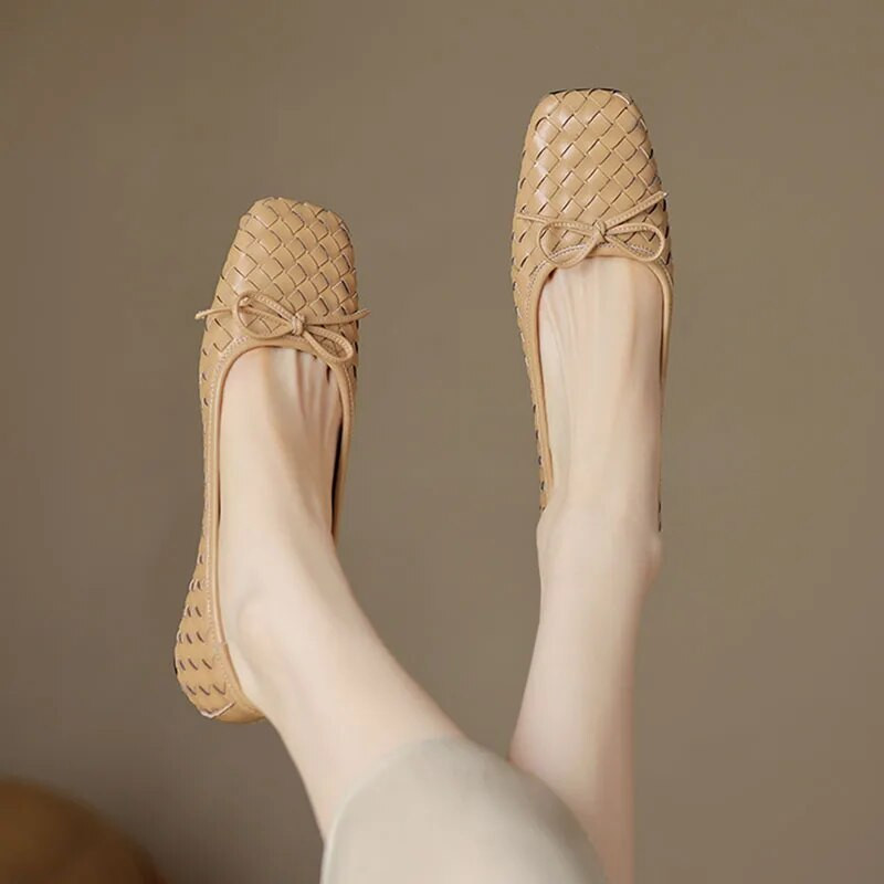 Női lapos fonott bőrcipő új dizájn csónakcipő női négyszögletes orrcipő cipő íj balett lapos Zapatos Mujer 1482N