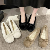 Nove zimske cipele za čamac za žene Vunene balerinke Bijele natikače Udobne ženske cipele s leptir mašnom Largeh Tople, podstavljene pamukom 1649C