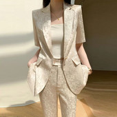 Suvised Korea trükisega 2-osalised komplektid naistele Rõivad Femme lühikeste varrukatega bleiser, mantel ja püksid, komplektid kontorimoe ülikond