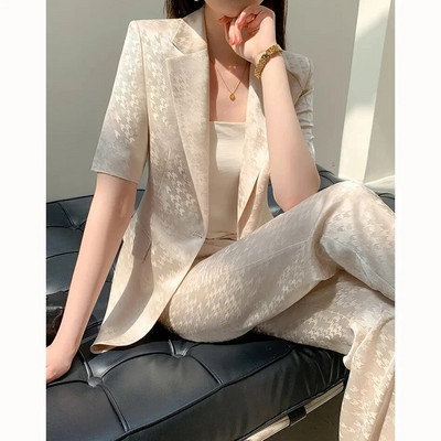 Suvised Korea trükisega 2-osalised komplektid naistele Rõivad Femme lühikeste varrukatega bleiser, mantel ja püksid, komplektid kontorimoe ülikond