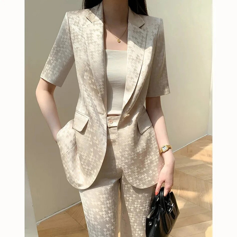 Suvised Korea trükisega 2-osalised komplektid naistele Rõivad Femme lühikeste varrukatega bleiser, mantel ja püksid, komplektid kontorimoe ülikond