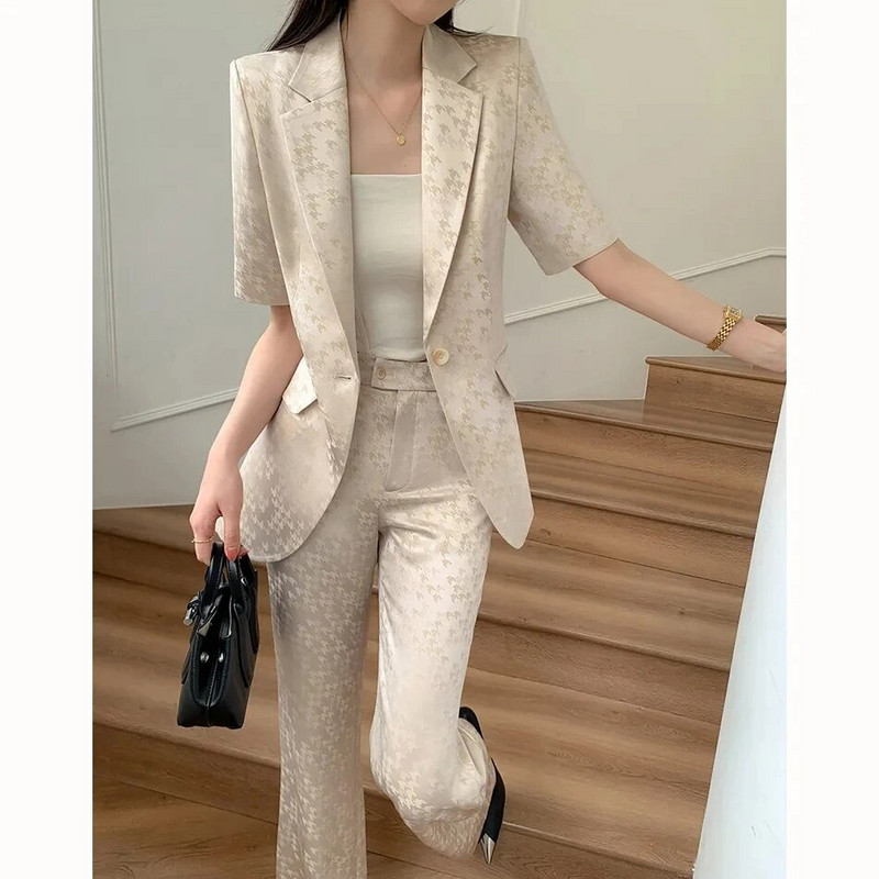 Suvised Korea trükisega 2-osalised komplektid naistele Rõivad Femme lühikeste varrukatega bleiser, mantel ja püksid, komplektid kontorimoe ülikond