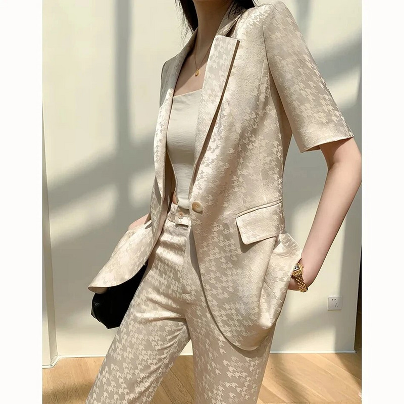 Suvised Korea trükisega 2-osalised komplektid naistele Rõivad Femme lühikeste varrukatega bleiser, mantel ja püksid, komplektid kontorimoe ülikond