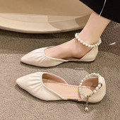 Nove ženske sandale sa šiljatim prstima s remenčićima za gležnjeve Ravne cipele s perlama Vjenčane cipele s niskom potpeticom Cipele s niskim perlama Sandalias mujer 1138N