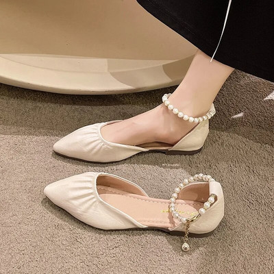 Nove ženske sandale sa šiljatim prstima s remenčićima za gležnjeve Ravne cipele s perlama Vjenčane cipele s niskom potpeticom Cipele s niskim perlama Sandalias mujer 1138N