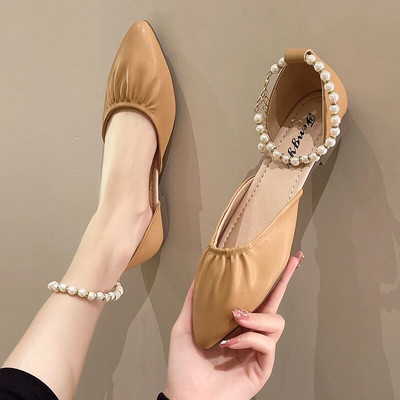 Nove ženske sandale sa šiljatim prstima s remenčićima za gležnjeve Ravne cipele s perlama Vjenčane cipele s niskom potpeticom Cipele s niskim perlama Sandalias mujer 1138N