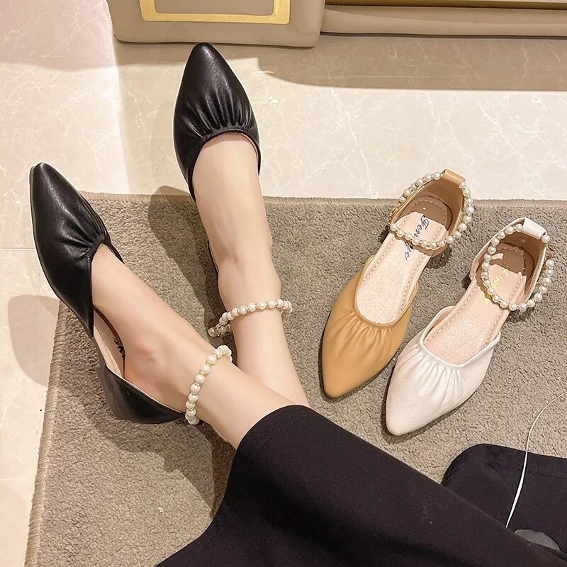 Nove ženske sandale sa šiljatim prstima s remenčićima za gležnjeve Ravne cipele s perlama Vjenčane cipele s niskom potpeticom Cipele s niskim perlama Sandalias mujer 1138N
