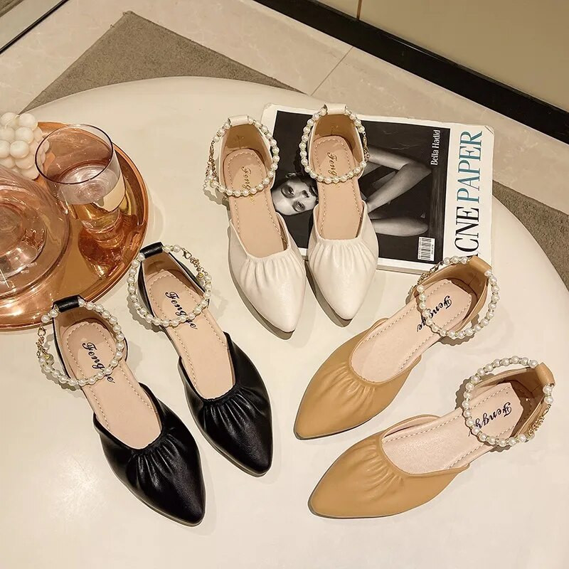Nove ženske sandale sa šiljatim prstima s remenčićima za gležnjeve Ravne cipele s perlama Vjenčane cipele s niskom potpeticom Cipele s niskim perlama Sandalias mujer 1138N