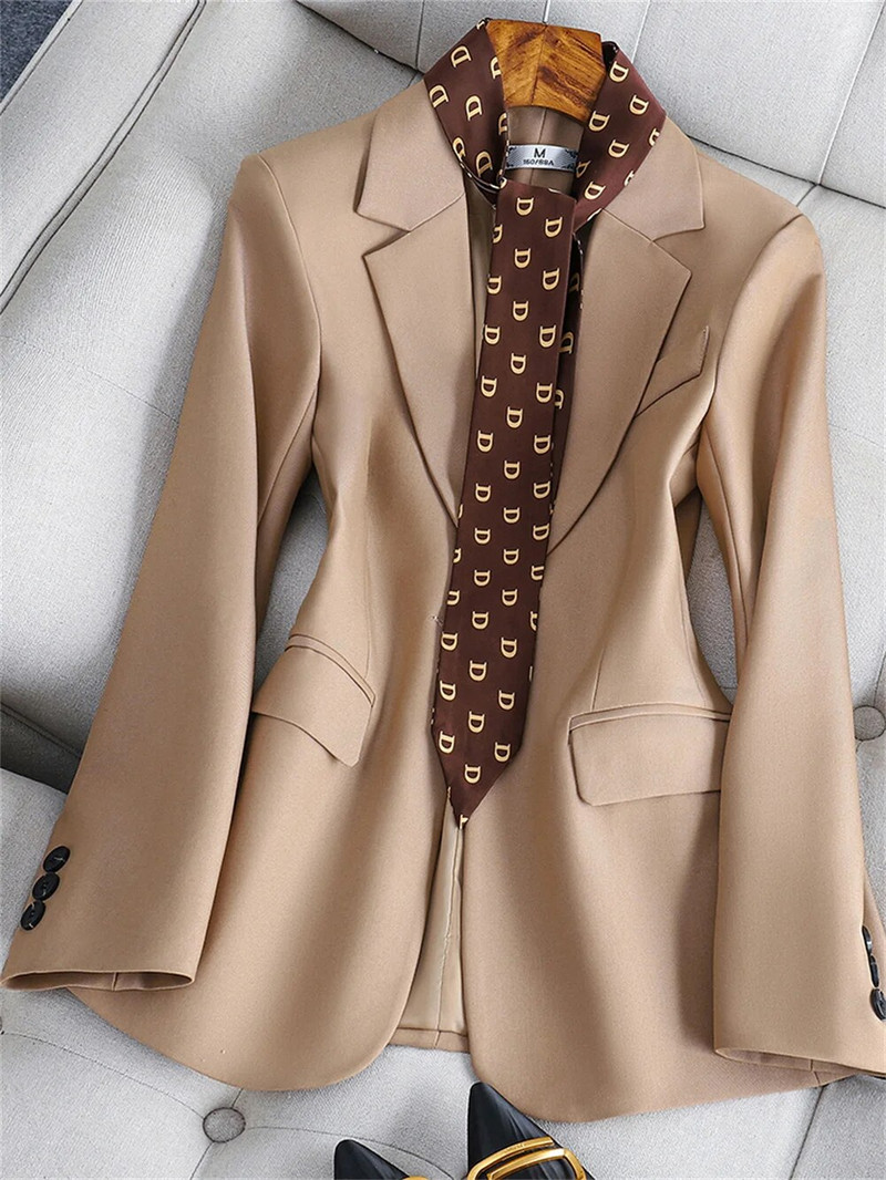 Ženski 2-dijelni komplet 2023 New Lady Coffee Crni odijelo dugih rukava sa šalom Elegantni formalni sako + hlače Poslovni komplet odijela