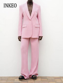 Korejski ženski ružičasti set od 2 komada Blazer Uredska dama Džepovi Jakna sa šal ovratnikom Hlače širokih nogavica Elegantno odijelo 2023 INKEO 3O051