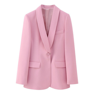 Korejski ženski ružičasti set od 2 komada Blazer Uredska dama Džepovi Jakna sa šal ovratnikom Hlače širokih nogavica Elegantno odijelo 2023 INKEO 3O051