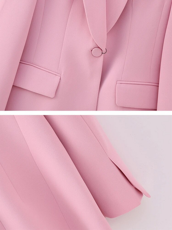Korejski ženski ružičasti set od 2 komada Blazer Uredska dama Džepovi Jakna sa šal ovratnikom Hlače širokih nogavica Elegantno odijelo 2023 INKEO 3O051