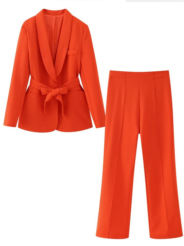 Elegantno odijelo s hlačama Ženski komplet od 2 dijela, smoking ovratnik, sako sa remenom, jakna, hlače širokih nogavica, modna kolekcija 2023. INKEO 3O049
