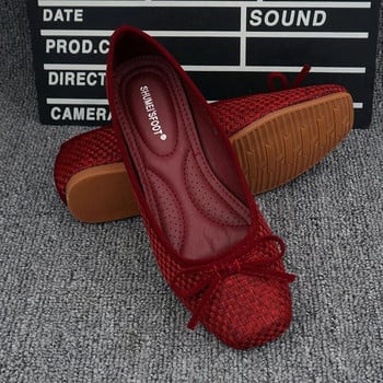 Νέα Ανοιξιάτικα φθινοπωρινά ρηχά γυναικεία επίπεδα παπούτσια Μαλακή σόλα ύφανση Παπούτσια βάρκας Ελαφρύ κόκκινο κόκκινο με κόμπο πεταλούδα Γυναικεία παπούτσια Loafers Γυναικεία