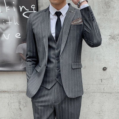 Bleizeri jaka Bikses Veste 3 gab. Komplekts / 2023 Modes Vīriešu Ikdienas Boutique Bizness Svītrains Slim Fit Uzvalks Mētelis Bikses Veste