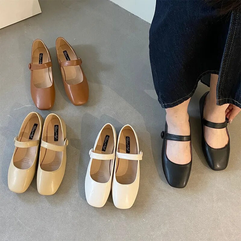 Sieviešu dzīvokļi kvadrātveida purngals Mary Jane kurpes Vintage baleta plakanie melni, mīksti, sekli sieviešu apavi Zapatos Mujer pavasaris rudens 1233N