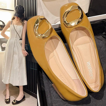 Плюс размер 34-43 Дамски обувки тип лодка, лачени обувки с квадратни пръсти Дамски плоски обувки с метални копчета Черни мокасини 1381N