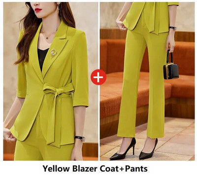 Pavasara vasara Eleganti biznesa darba apģērbi uzvalki ar biksēm un jakas Mētelis Sieviešu profesionālie bikškostīmi bikses komplekts bleizeri