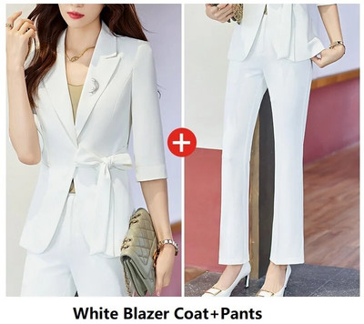 Pavasara vasara Eleganti biznesa darba apģērbi uzvalki ar biksēm un jakas Mētelis Sieviešu profesionālie bikškostīmi bikses komplekts bleizeri