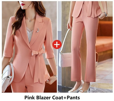 Pavasara vasara Eleganti biznesa darba apģērbi uzvalki ar biksēm un jakas Mētelis Sieviešu profesionālie bikškostīmi bikses komplekts bleizeri