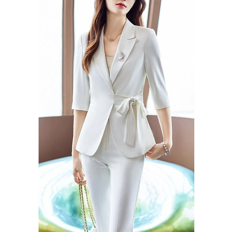 Pavasara vasara Eleganti biznesa darba apģērbi uzvalki ar biksēm un jakas Mētelis Sieviešu profesionālie bikškostīmi bikses komplekts bleizeri