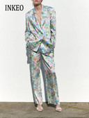 High street bleize ar ziedu apdruku un platām bikses sievietēm, 2 daļīgs komplekts 2023. gada pavasara rudens brīvs apģērbs Elegants vintage INKEO 3O042