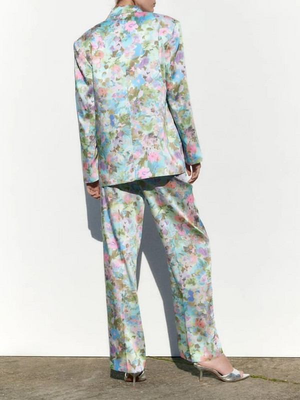 High street bleize ar ziedu apdruku un platām bikses sievietēm, 2 daļīgs komplekts 2023. gada pavasara rudens brīvs apģērbs Elegants vintage INKEO 3O042