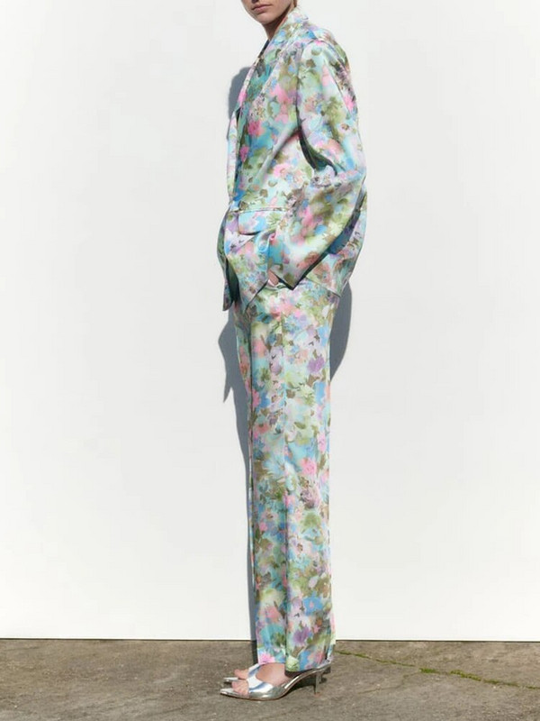 High street bleize ar ziedu apdruku un platām bikses sievietēm, 2 daļīgs komplekts 2023. gada pavasara rudens brīvs apģērbs Elegants vintage INKEO 3O042