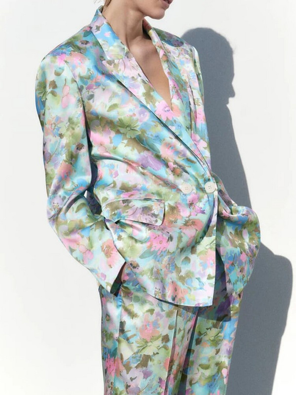 High street bleize ar ziedu apdruku un platām bikses sievietēm, 2 daļīgs komplekts 2023. gada pavasara rudens brīvs apģērbs Elegants vintage INKEO 3O042