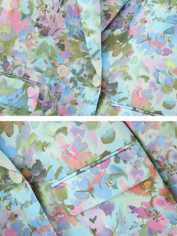 High street bleize ar ziedu apdruku un platām bikses sievietēm, 2 daļīgs komplekts 2023. gada pavasara rudens brīvs apģērbs Elegants vintage INKEO 3O042