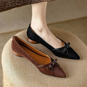 Ženske ravne cipele na ravne cipele od umjetne antilop kože Ženske cipele s niskim potpeticama na špic vrhove Elegantna uredska mašna Zapatos Mujer Proljeće 1264N