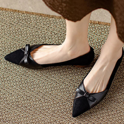 Ženske ravne cipele na ravne cipele od umjetne antilop kože Ženske cipele s niskim potpeticama na špic vrhove Elegantna uredska mašna Zapatos Mujer Proljeće 1264N