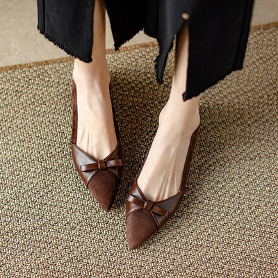 Ženske ravne cipele na ravne cipele od umjetne antilop kože Ženske cipele s niskim potpeticama na špic vrhove Elegantna uredska mašna Zapatos Mujer Proljeće 1264N