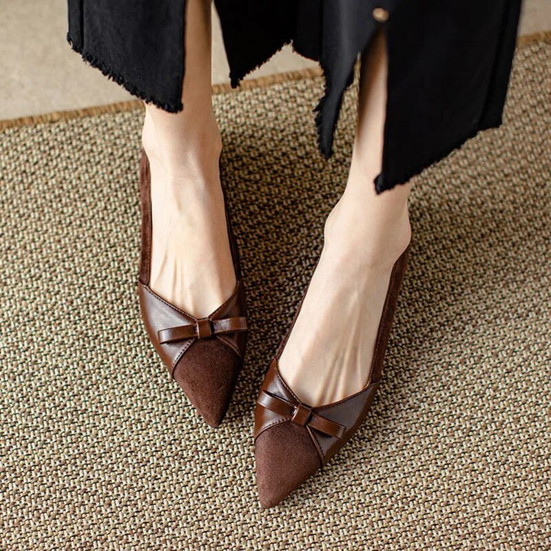 Ženske ravne cipele na ravne cipele od umjetne antilop kože Ženske cipele s niskim potpeticama na špic vrhove Elegantna uredska mašna Zapatos Mujer Proljeće 1264N