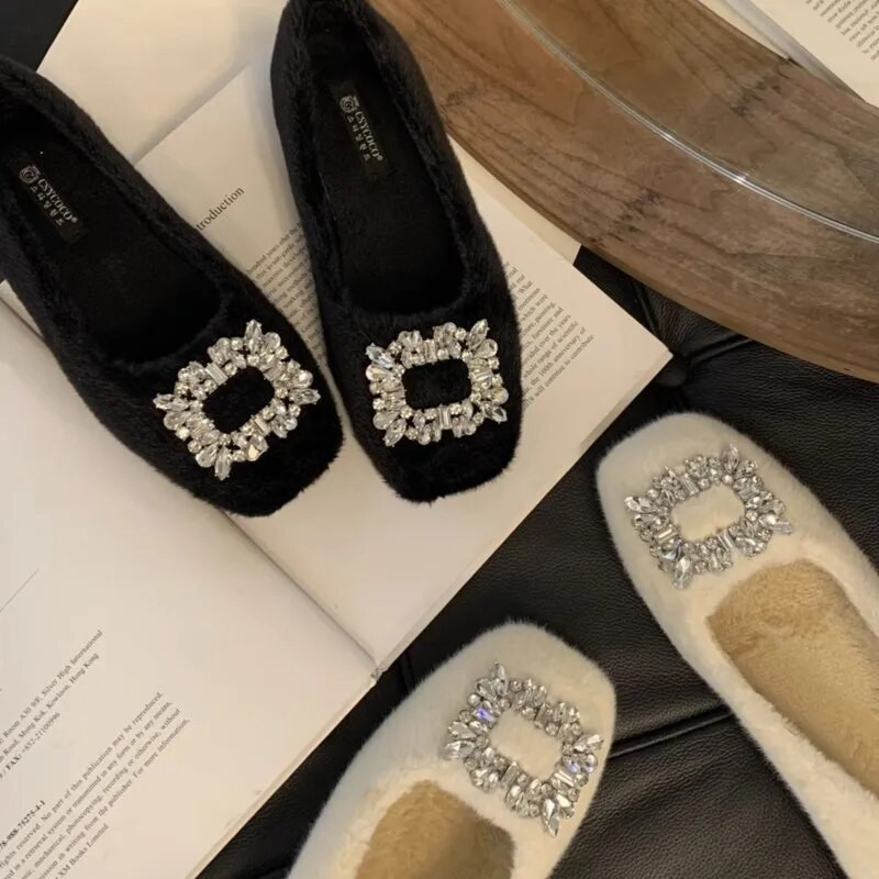 Jauni ziemas sieviešu baleta apavi, jēra vilnas laivu apavi sievietēm, mākslīgās zamšādas apavi ar Rhinestone, silti, kokvilnas polsterēti apavi 1646N