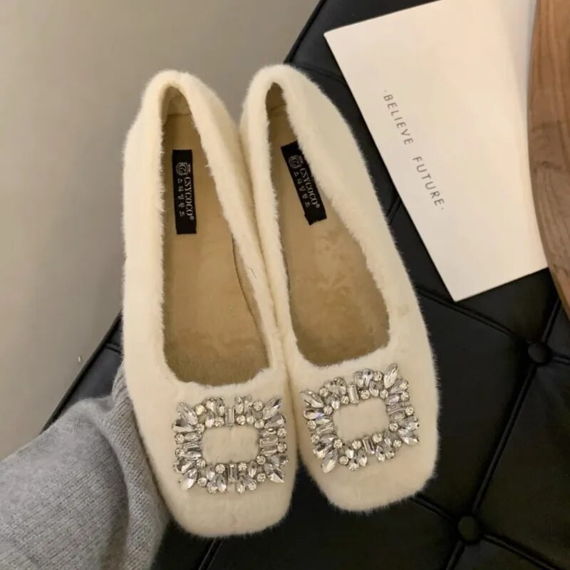 Jauni ziemas sieviešu baleta apavi, jēra vilnas laivu apavi sievietēm, mākslīgās zamšādas apavi ar Rhinestone, silti, kokvilnas polsterēti apavi 1646N