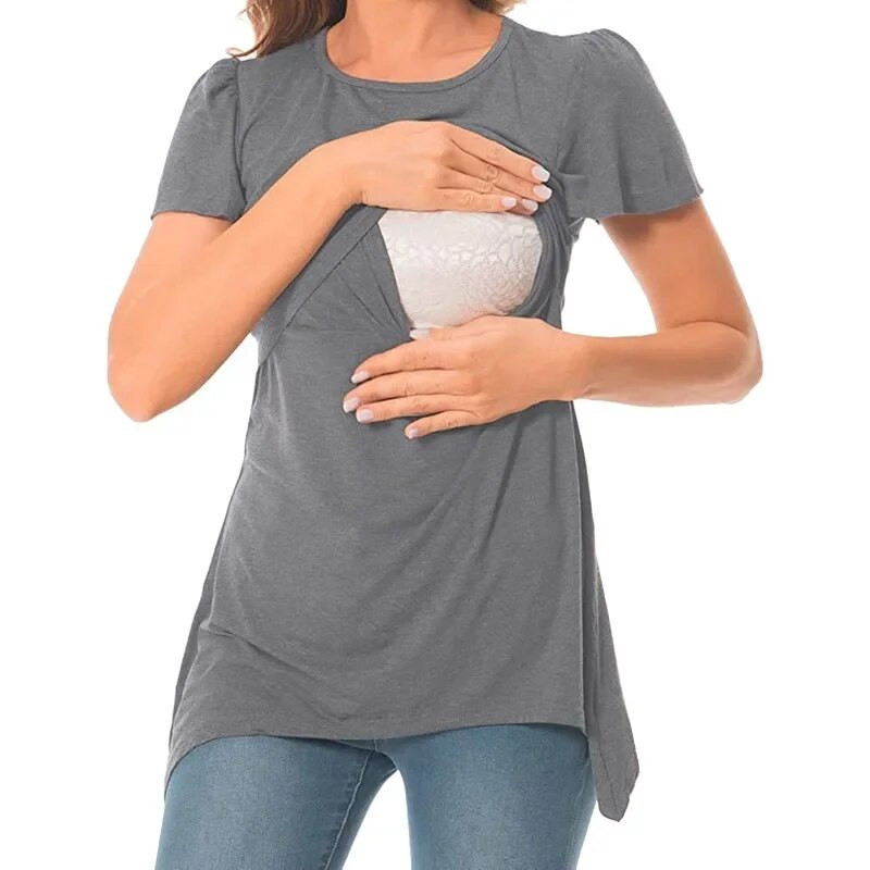 Kismama ápoló felsők terhes női szabálytalan szegélyű póló szoptatós ing alkalmi rövid ujjú, alap szoptatós póló tömör felsők