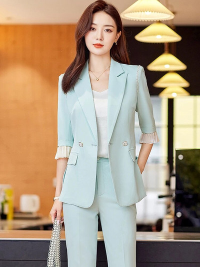 Sieviešu vasaras pavasara bikškostīms, dzeltens aprikožu rozā sieviešu uzvalks ar puspiedurknēm un sieviešu darba apģērba bikses, formāls 2 daļ.