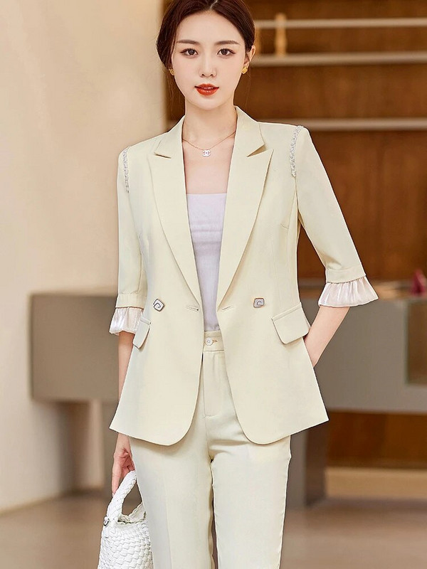 Sieviešu vasaras pavasara bikškostīms, dzeltens aprikožu rozā sieviešu uzvalks ar puspiedurknēm un sieviešu darba apģērba bikses, formāls 2 daļ.