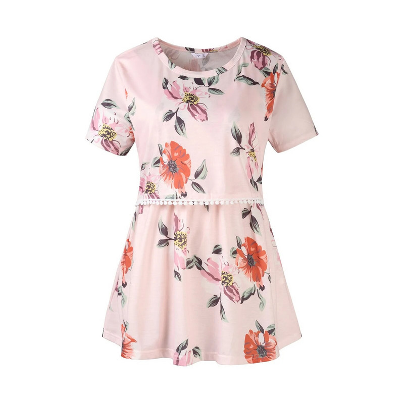 Vasaras jauns sieviešu grūtnieču krekls ar īsām piedurknēm ar ziedu apdruku, barojot bērnu ar krūti Modes grūtniecības un zīdīšanas T krekls