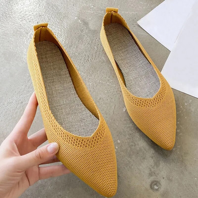 Maogu Ženske ravne balerinke Mrežaste mokasine Meko dno Pletene balerinke Cipela Lazy Slip on Boat Cipele 2023 Jednobojne špičaste vrhove Plitke