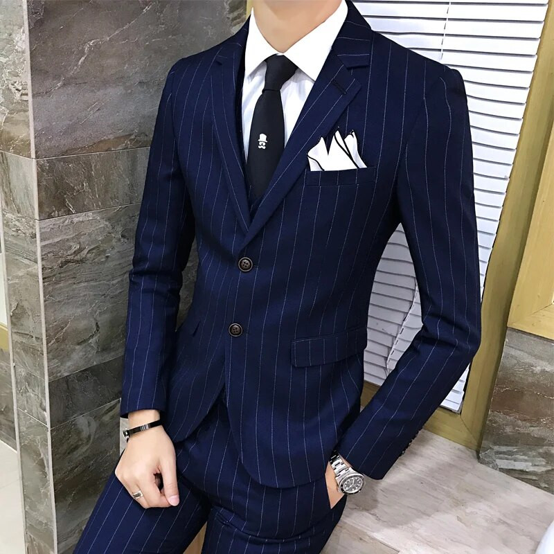 Muška britanska haljina s okomitim prugama uskog kroja Poslovna svečana haljina od 3 komada Komplet odijela Blaze prsluk Hlače Mladoženja Vjenčana jakna Kaput