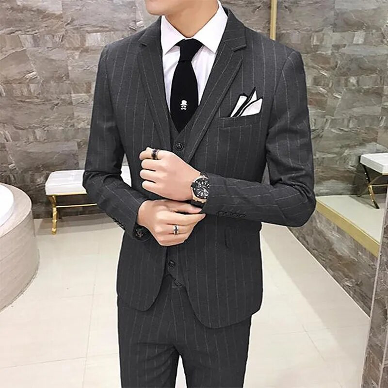 Muška britanska haljina s okomitim prugama uskog kroja Poslovna svečana haljina od 3 komada Komplet odijela Blaze prsluk Hlače Mladoženja Vjenčana jakna Kaput