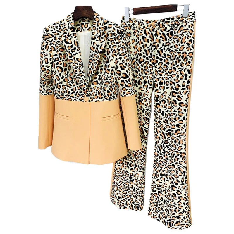 Elegants modes leoparda drukas krāsains uzvalks sieviešu uzvalks ar vienu pogu žakete, 2 daļīgs komplekts, ikdienas tērpi