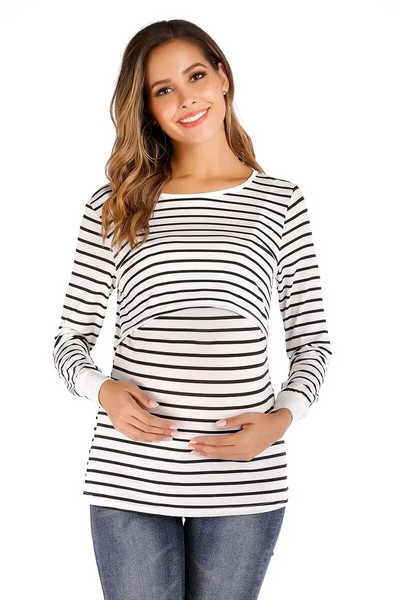 Kismama terhes anya póló csíkos hosszú ujjú szoptatós viselet őszi egyszerű divat kerek nyakú felsők szoptató ruhák