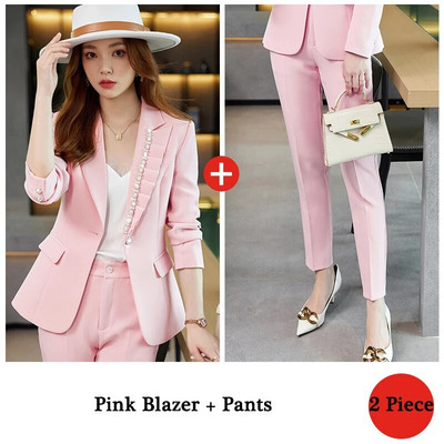 QOERLIN divdaļīgs žakete un bikses korejiešu modes krelles ar garām piedurknēm ar vienu pogu jaka mētelis pavasara rudens solīdi uzvalki eleganti