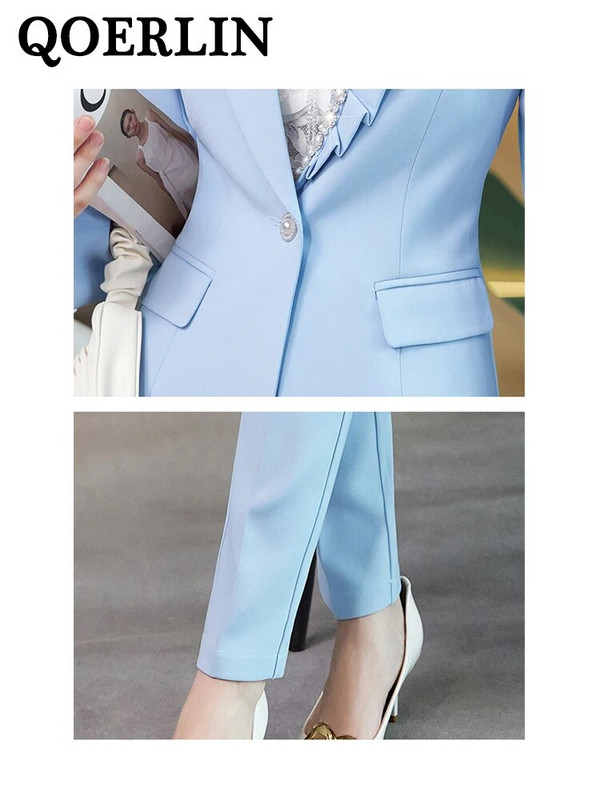 QOERLIN divdaļīgs žakete un bikses korejiešu modes krelles ar garām piedurknēm ar vienu pogu jaka mētelis pavasara rudens solīdi uzvalki eleganti